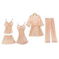 Chongmu Womens Pyjamas Sexy Lace Satin Sleepwear Solid Color Silk Robe Gown Set Home Wear 5pcs Nightdress V-Neck Cami Champagne