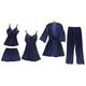 Chongmu Womens Pyjamas Sexy Lace Satin Sleepwear Solid Color Silk Robe Gown Set Home Wear 5pcs Nightdress V-Neck Cami Navy