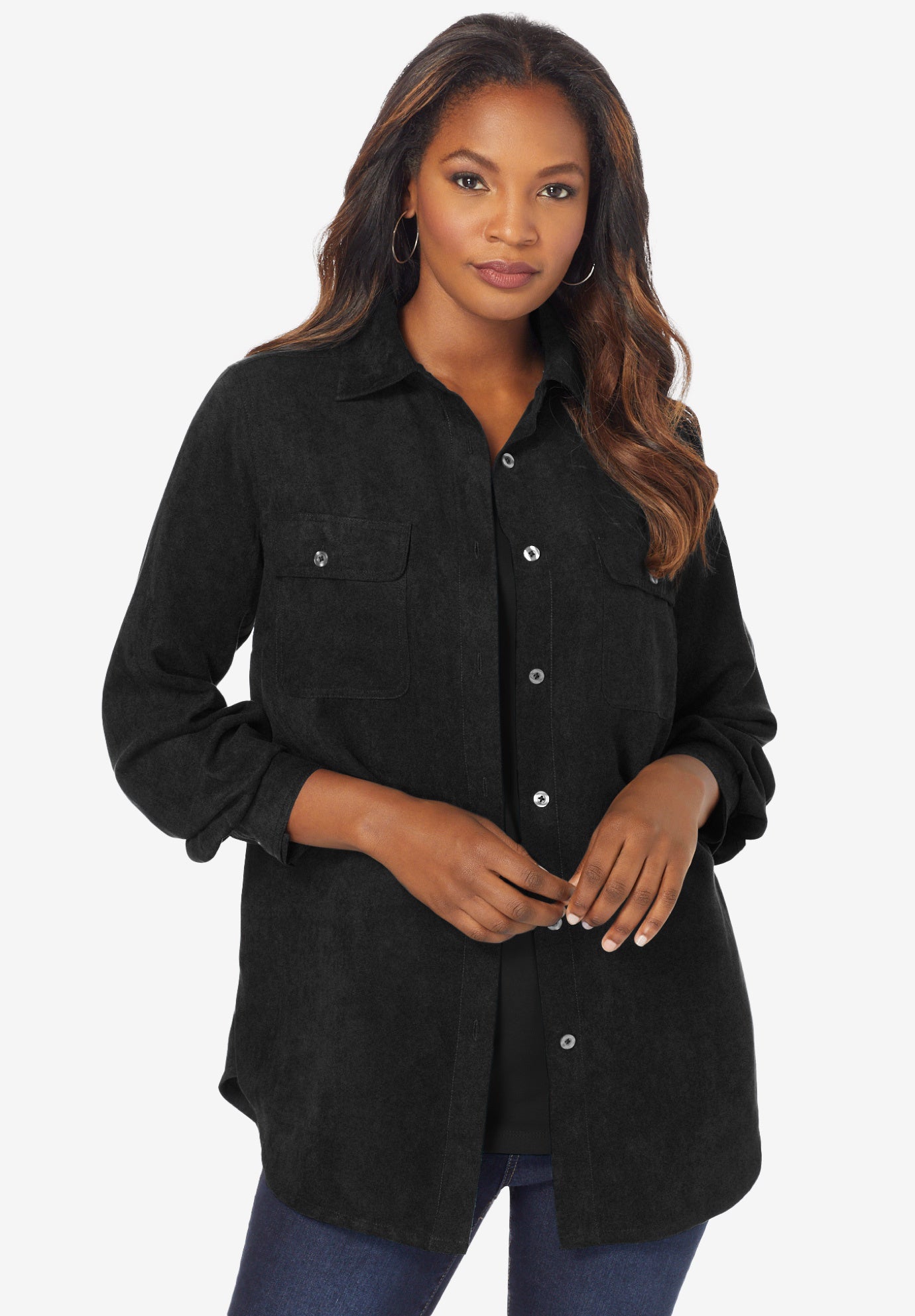 Plus Size Women's Faux Suede Button-Front Shirt by Roaman's in Black (Size 12 W) Button Down