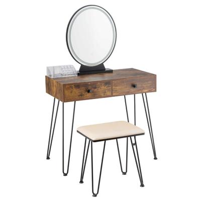 Costway Industrial Makeup Dressing Table with 3 Lighting Modes-Rustic Brown
