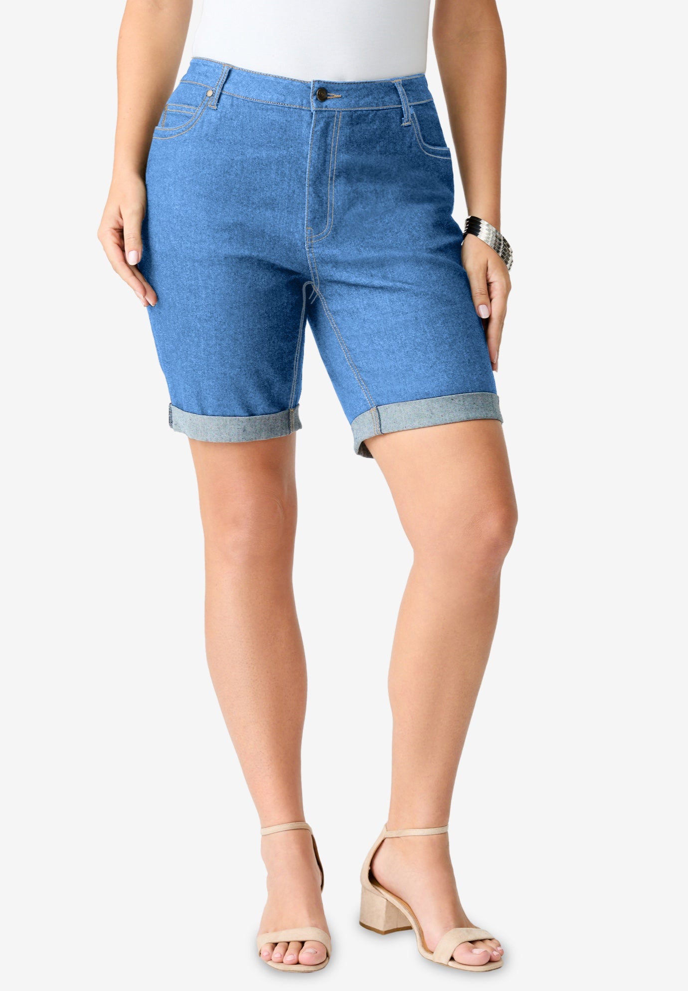 Plus Size Women's Plus Size Classic Stretch Cuffed Short by Denim 24/7 by Roamans in Light Stonewash (Size 16 W)