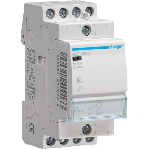 Hager Installationsschütz, 25A, 230V/AC, 400V/AC, 4S, 1900W/AGL, 950VA/LL, 2TE, ESC425S Image