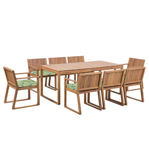 Gartenmöbel Set 8-Sitzer Hellbraun Akazienholz Tisch mit 8 Stühlen und Sitzkissen Grün Blättermuster Rustikal Terrasse Garten Ausstattung