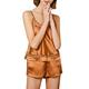 E-GIRL Women 100% Silk Pajama Set Sleeveless Pyjamas With Lace T8224,Brown,L