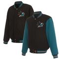 Men's JH Design Black/Teal San Jose Sharks Reversible Wool Full-Zip Jacket with Embroidered Applique Logos