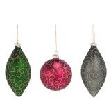 The Holiday Aisle® 3 Piece Glitter Swirl Holiday Shaped Ornament Set Glass in Gray/Green/Red | 4 H x 4 W x 4 D in | Wayfair