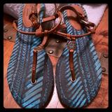 Coach Shoes | Coach Tan Leather T Strap Sandal. Size 5.5. | Color: Blue/Tan | Size: 5.5