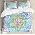ABAKUHAUS Ethnic Duvet Cover Set, Mandala Round with Geometry Element Metatron Cube Alchemy Theme, Decorative 3 Piece Bedding Set with 2 Pillow Shams, 88" X 88", Blue Lilac