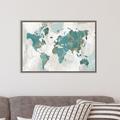 World Menagerie Teal World Map by Pamela Collabera - Floater Frame Painting Print on Canvas in Green/White | 16 H x 23.25 W x 1.875 D in | Wayfair