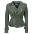 E-GIRL Women Green Zip Up Faux Suede Leather Biker Jacket Studded Jacket,P170,L