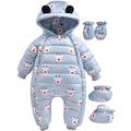 Baby Snowsuit Hooded Romper with Footie Gloves Jumpsuit Down Coat Infant Long Sleeve Overall Christmas Outfit 9-12 Months Grey