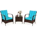 Costway 3 Pcs Patio Conversation Rattan Furniture Set with Glass Top Coffee Table and Cushions-Turquoise