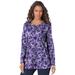 Plus Size Women's Long-Sleeve Crewneck Ultimate Tee by Roaman's in Midnight Violet Watercolor Flowers (Size S) Shirt