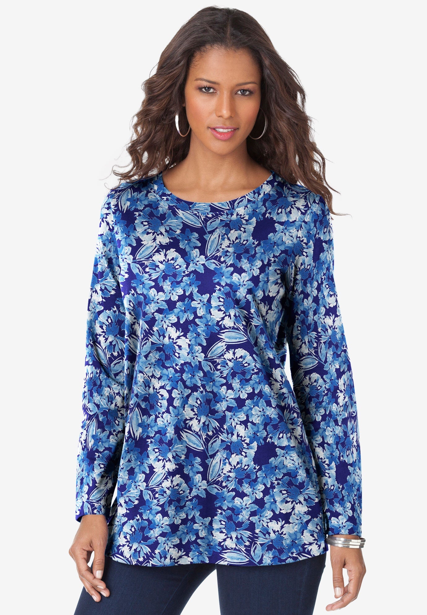 Plus Size Women's Plus Size Cotton Ultimate Long Sleeve Crewneck Tee by Roaman's in Navy Watercolor Flowers (Size 3X) Shirt