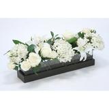 Distinctive Designs Cream White Roses, Hydrangeas & Lilies In Glass Plate Planter Polysilk | 10 H x 32 W x 10 D in | Wayfair 17159