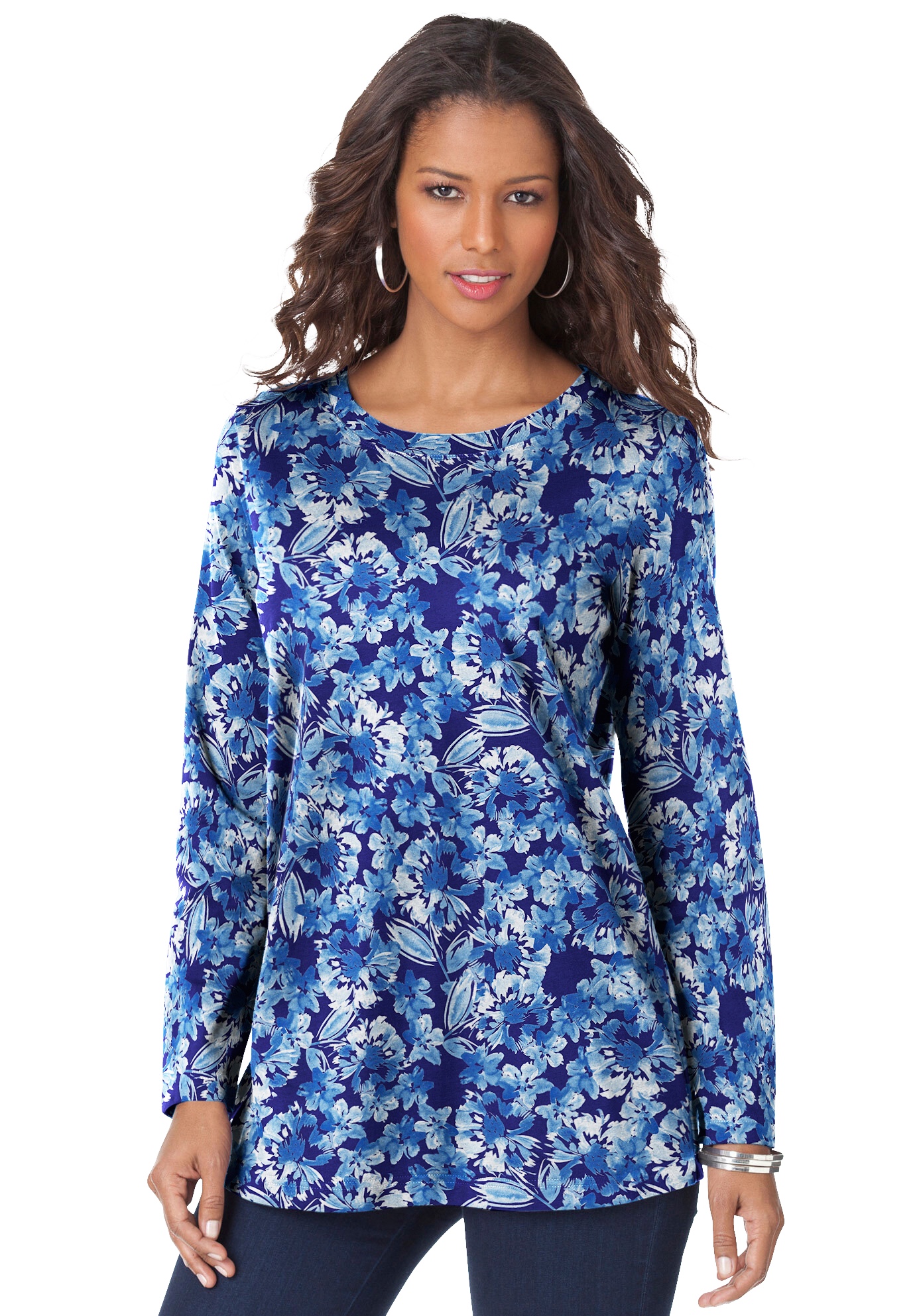 Plus Size Women's Plus Size Cotton Ultimate Long Sleeve Crewneck Tee by Roaman's in Navy Watercolor Flowers (Size M) Shirt