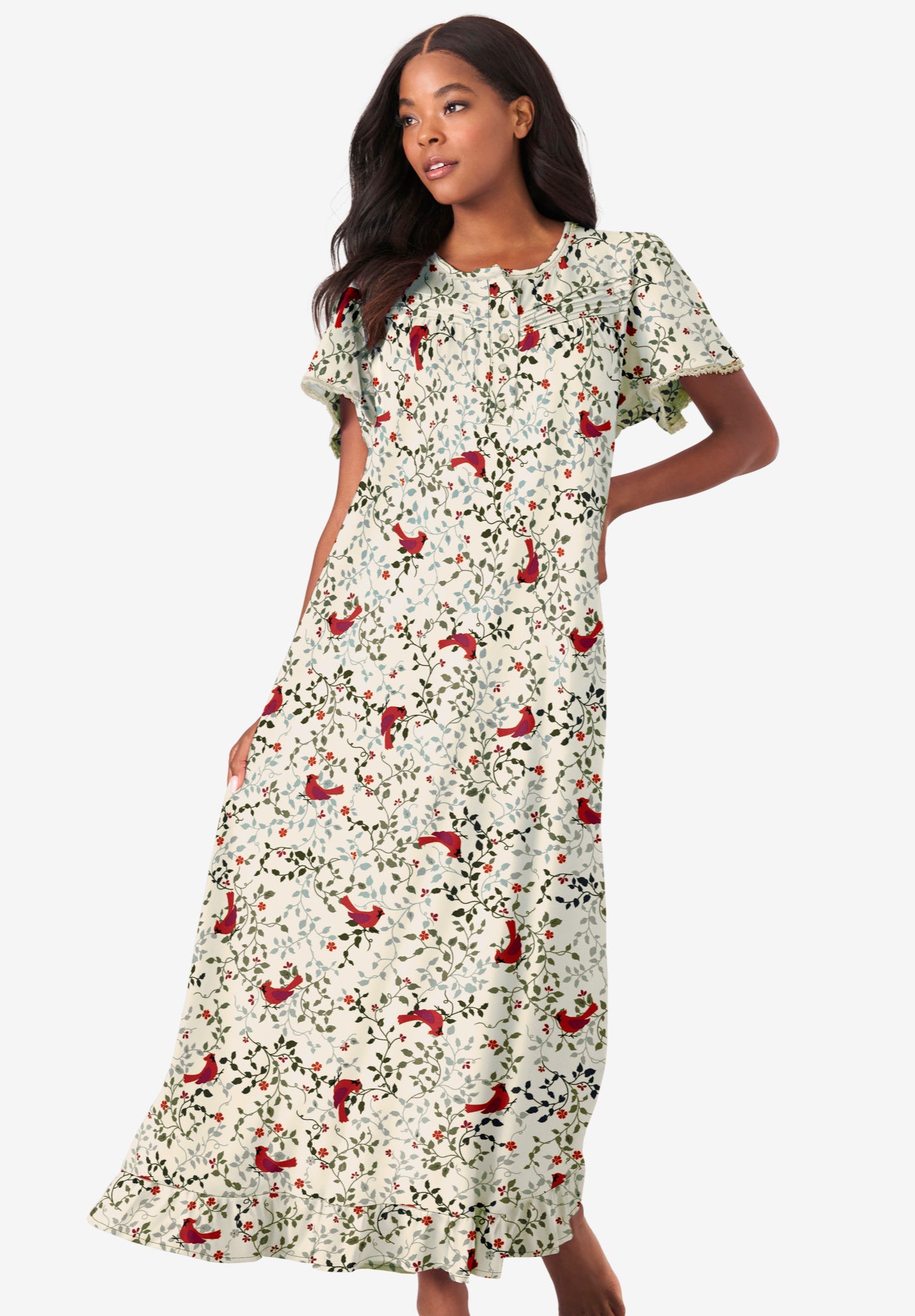Plus Size Women's Long Floral Print Cotton Gown by Dreams & Co. in Classic Red Cardinals (Size 1X) Pajamas