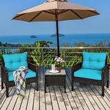 Andover Mills™ Earlville 3 Piece Rattan Seating Group w/ Cushions in Blue | Outdoor Furniture | Wayfair F86F9C9728EA482B913A84BB22060F3A