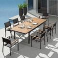 Latitude Run® Cesilia Extendable 8 - Person Outdoor Dining Set, Patio Table set w/ Aluminum Frame, FSC Teak Tabletop Wood in Black/Brown | Wayfair