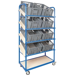 BRB Schrägboden-Regalwagen mit 5 Ebenen, BxTxH 1050x500x1880 mm, 2 Lenk- (mit Feststellbremse) u. 2 Bockrollen mit 10 Euroboxen BxTxH 600x400x240 mm Image