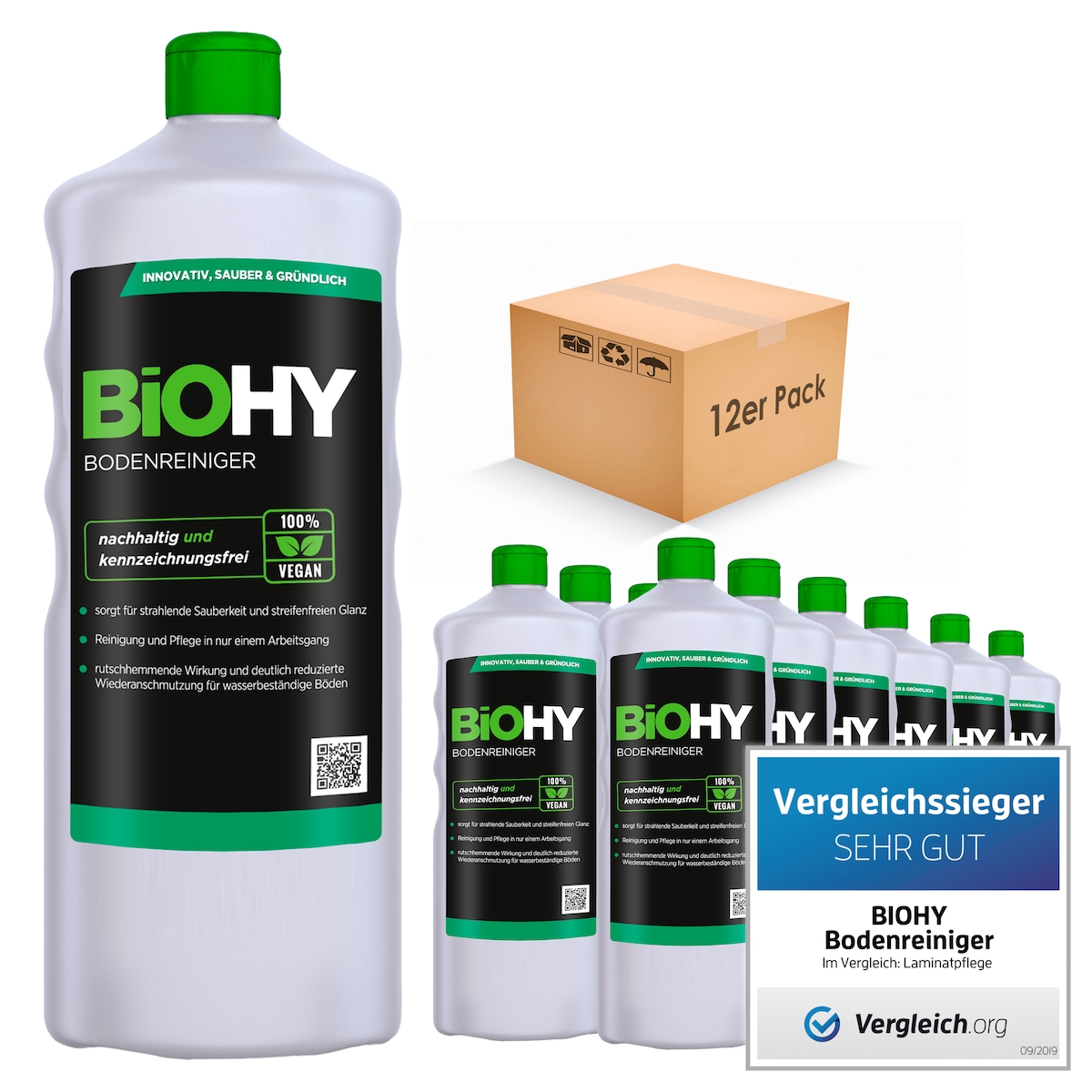 BiOHY Bodenreiniger (12x1l Flasche) | Konzentrat für alle Reinigungsgeräte und alle Hartböden | Angenehmer Geruch und streifenfreie Reinigung Image