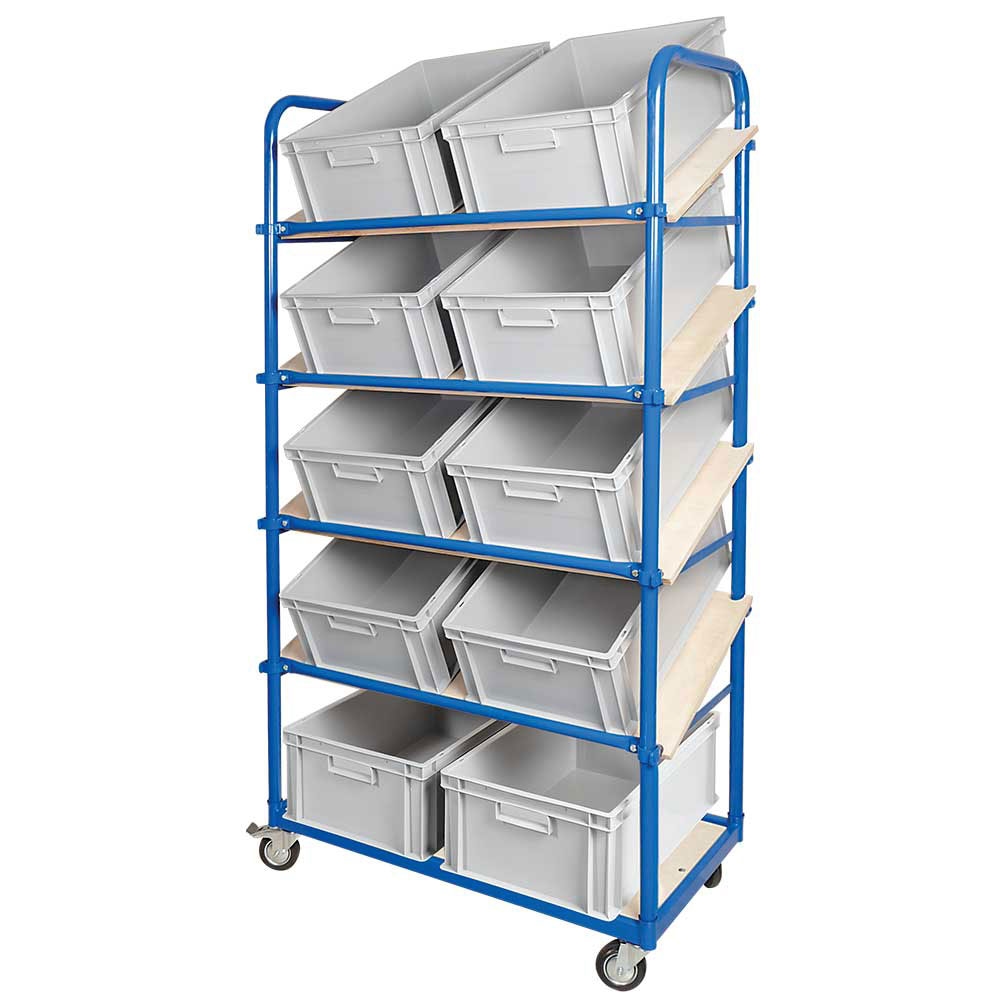 BRB Schrägboden-Regalwagen mit 5 Ebenen, BxTxH 1050x500x1880 mm, 4 Lenkrollen, 2 Rollen mit Feststellbremse mit 10 Euroboxen BxTxH 600x400x220 mm Image