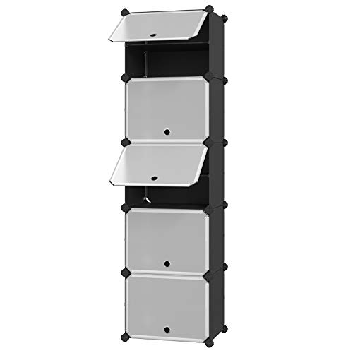 SONGMICS Shoe Rack, 10-Slot Storage Organizer Unit with Doors, Portable Cube Shoe Storage Organizer, Plastic Modular DIY Storage Shelf, Closet Divider for Clothes Bags Toys, Black and White ULPC503B01