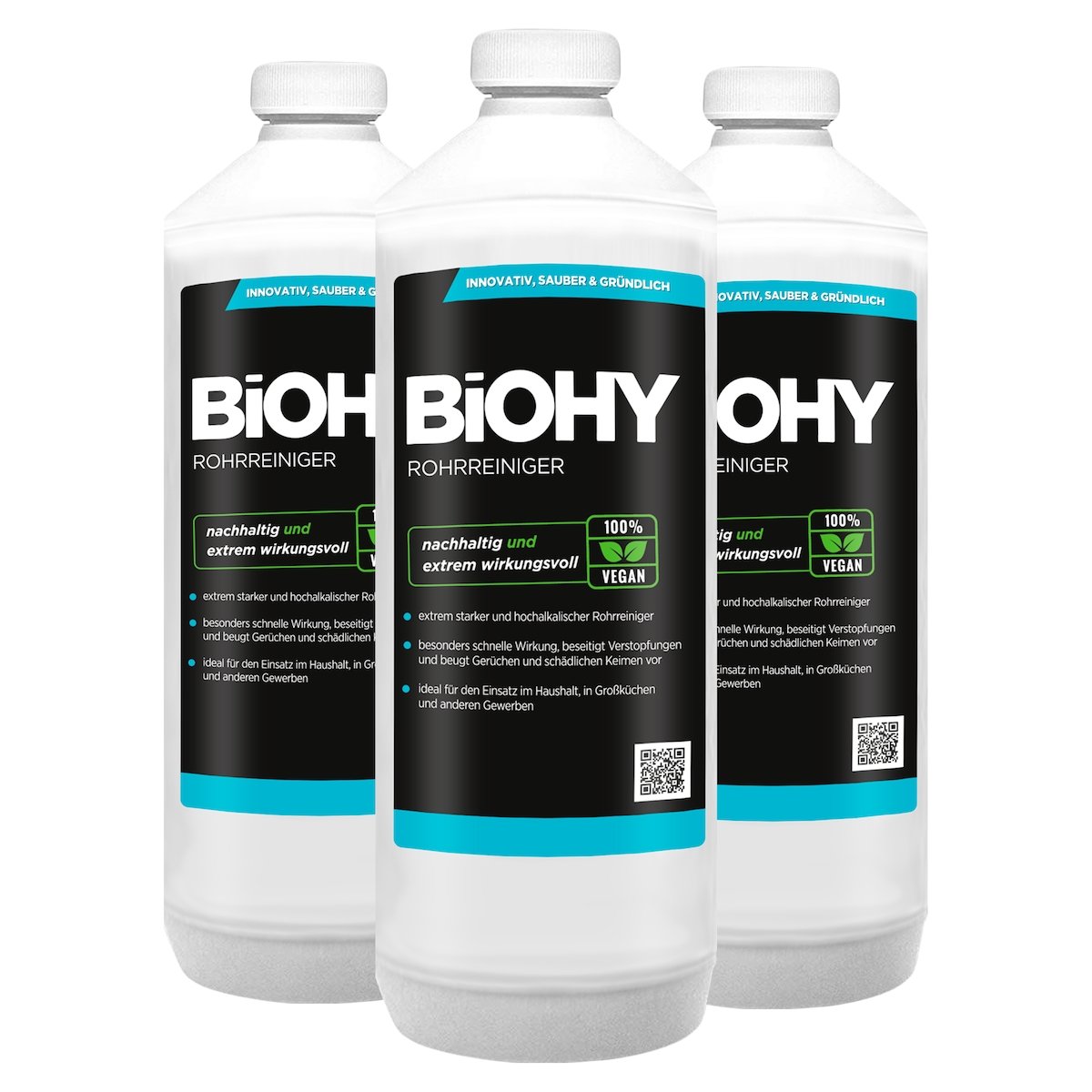 BiOHY Rohrreiniger (3x1l Flasche) | EXTRA STARK | Flüssiger, hochkonzentrierter Abflussreiniger | Geruchsneutral | Für alle Verstopfungen Image