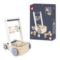 Janod - Sweet Cocoon Abc Buggy - Wooden Walking and Activity Cart - with 20 Alphabet Cubes, Numbers and Shapes Blocks + 3 Abacus Rows - Water Based Paints - from 1 Year Old, J04408