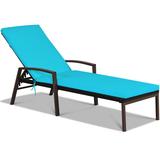 Costway Patio Rattan Lounge Chaise Recliner with Back Adjustable Cushioned-Turquoise