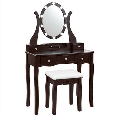 Costway 10 Dimmable Lights Vanity Table Set with Lighted Mirror and Cushioned Stool-Coffee