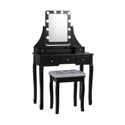 Costway Vanity Dressing Table Set with 10 Dimmable Bulbs and Cushioned Stool-Black