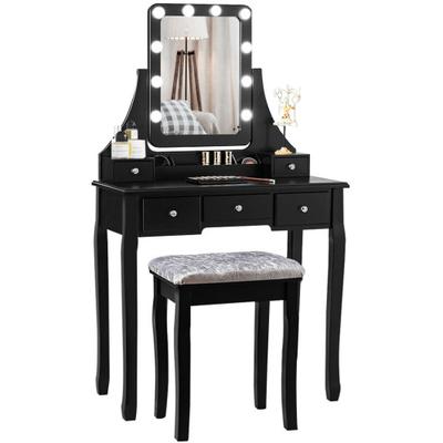 Costway Vanity Dressing Table Set with 10 Dimmable Bulbs and Cushioned Stool-Black