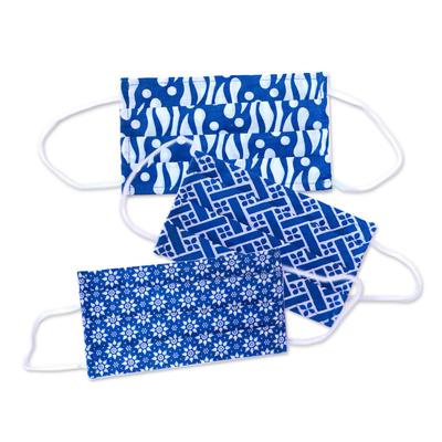 '3 Blue and White Cotton Batik Pleated 2-Layer Face Masks'