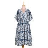 Fanciful Leaves,'Screen Print Blue and White Cotton Dress'