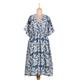 Fanciful Leaves,'Screen Print Blue and White Cotton Dress'
