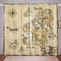 Treasure Map Curtains for Bedroom Living Room World Map Islands Curtains for Kids Boys Girls Pirate Ocean Adventure Windows Drapes Medieval Retro Room Decoration,W66*L72