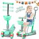 3 Wheel Scooter for Kids Age 3-8 Kick Scooter with Removable Seat & Light Up Wheels, 5 in 1 Height Adjustable Lean to Steer Lightweight Scooter for Toddler Children Boys Girls (Green)