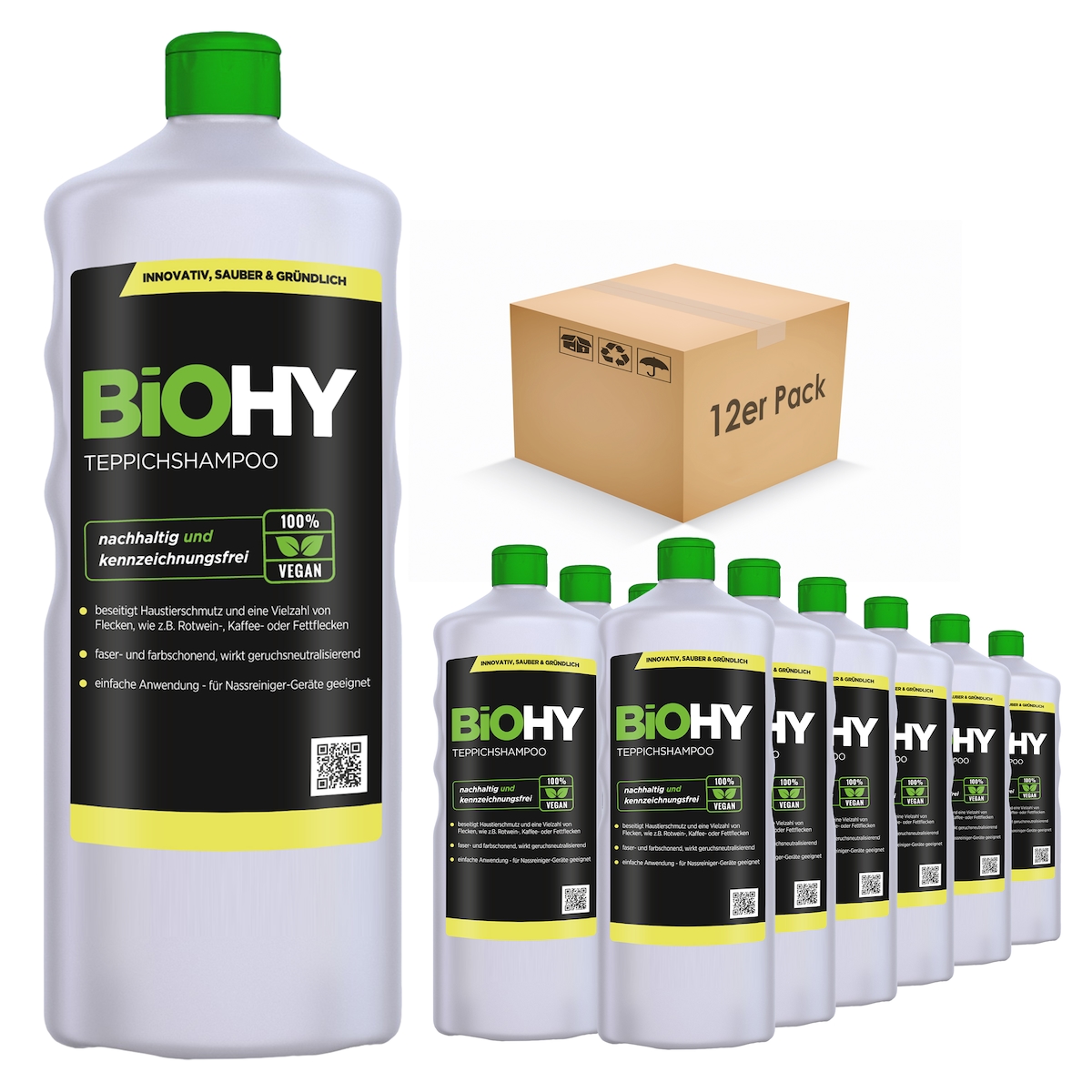 BiOHY Teppichshampoo (12x1l Flasche) | Teppichreiniger ideal zur Entfernung von hartnäckigen Flecken | SPEZIELL FÜR WASCHSAUGER ENTWICKELT Image