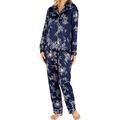 Gaspé Ladies Luxurious Traditional Style Long Trouser Navy Blue Satin Pyjama Set with Lace Detailing and Floral Design Large 16 18