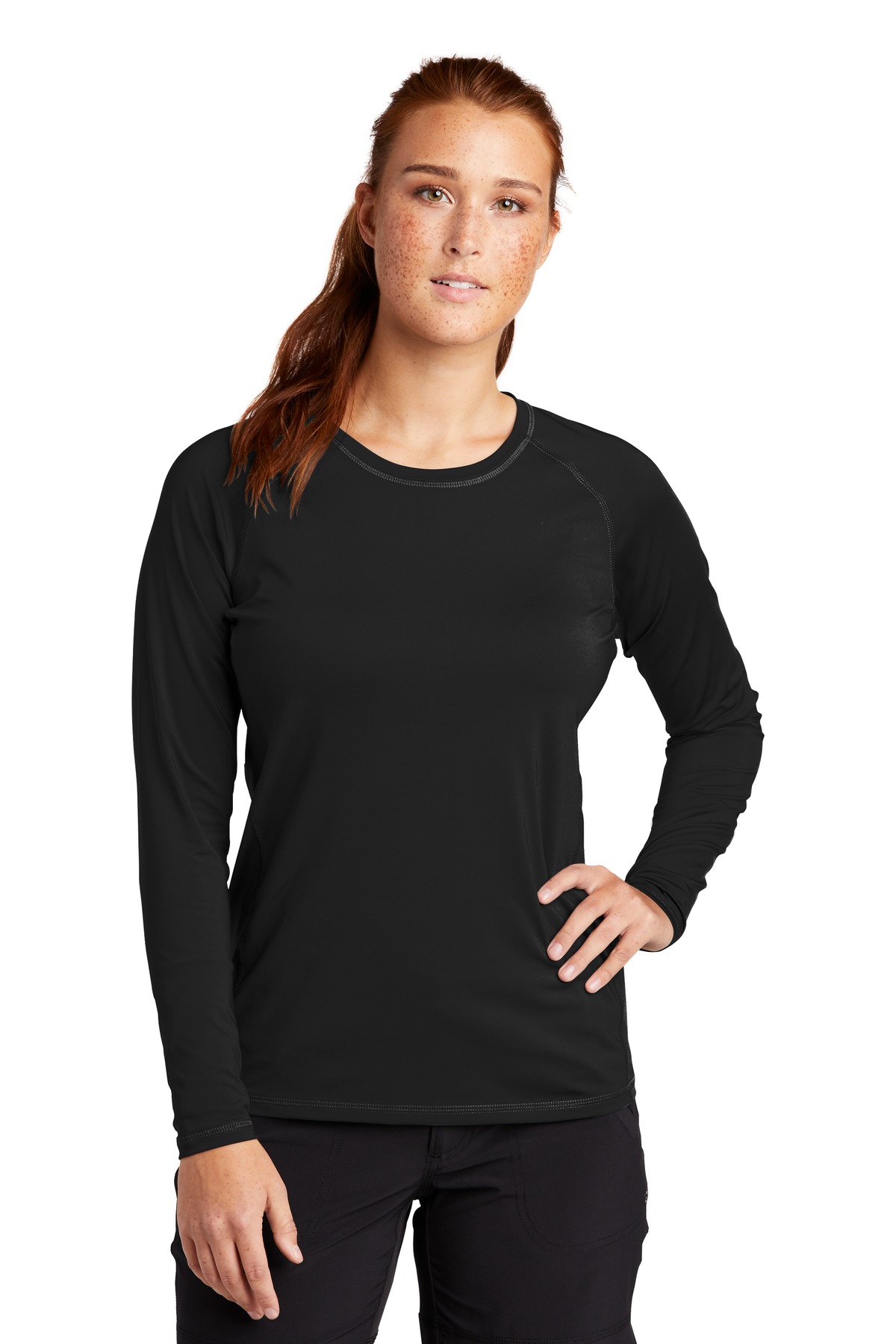 Sport-Tek LST470LS Athletic Women's Long Sleeve Rashguard Top in Black size Small | Polyester/Spandex Blend