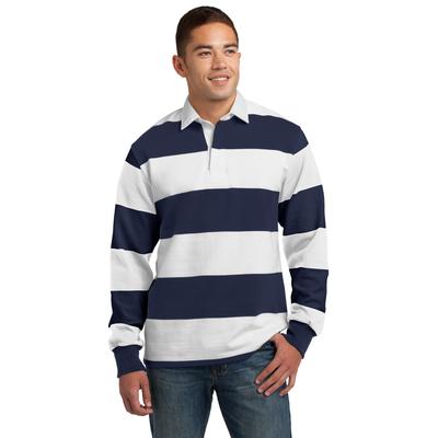 Sport-Tek ST301 Classic Long Sleeve Rugby Polo Shirt in True Navy Blue/White size Large | Cotton