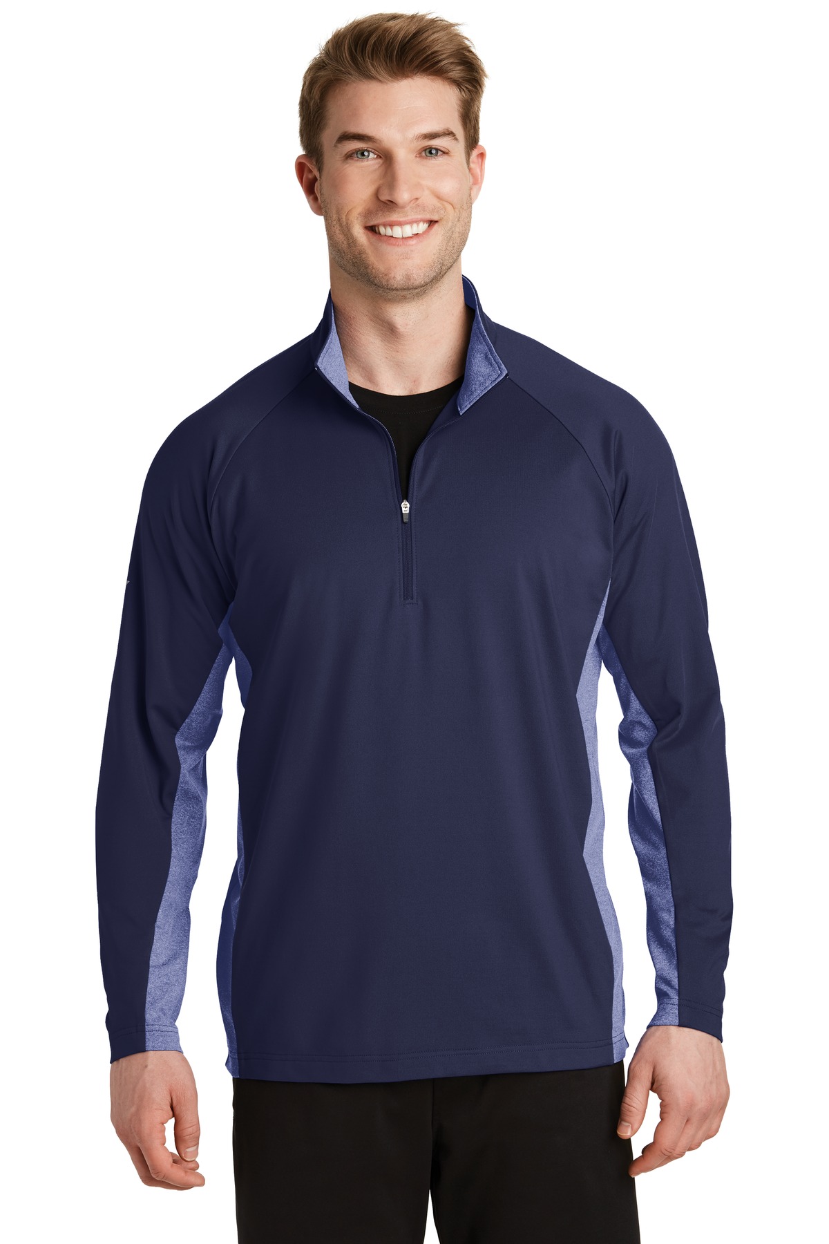 Sport-Tek ST854 Sport-Wick Stretch Contrast 1/2-Zip Pullover T-Shirt in True Navy Blue/True Blue Heather size XL | Polyester/Spandex Blend