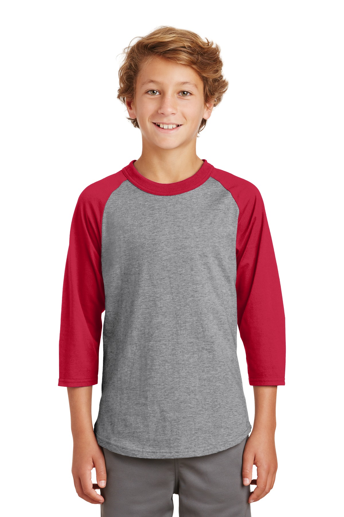 Sport-Tek YT200 Youth Colorblock Raglan Jersey T-Shirt in Heather Gray/Red size Small | Cotton