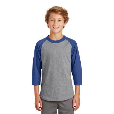 Sport-Tek YT200 Youth Colorblock Raglan Jersey T-Shirt in Heather Gray/Royal size Large | Cotton