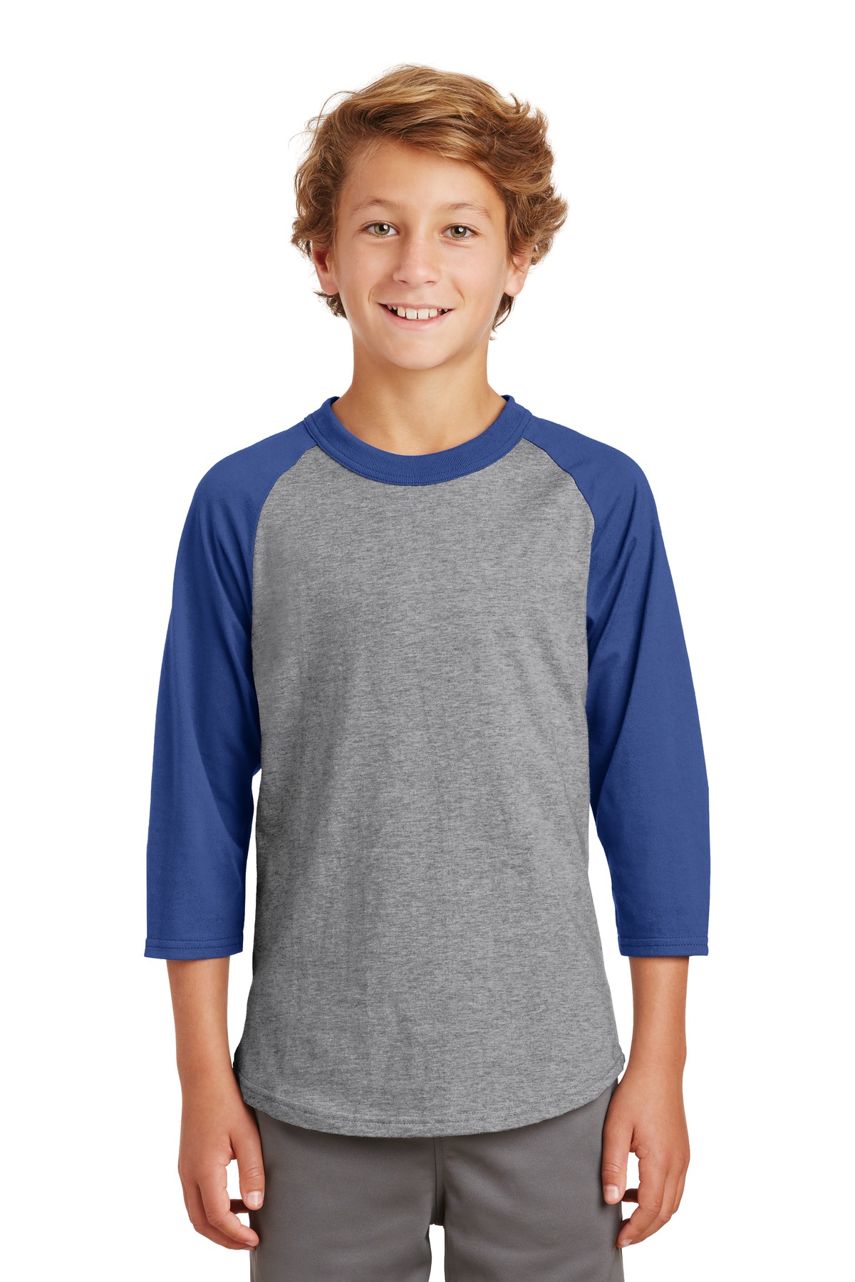 Sport-Tek YT200 Youth Colorblock Raglan Jersey T-Shirt in Heather Gray/Royal size Small | Cotton