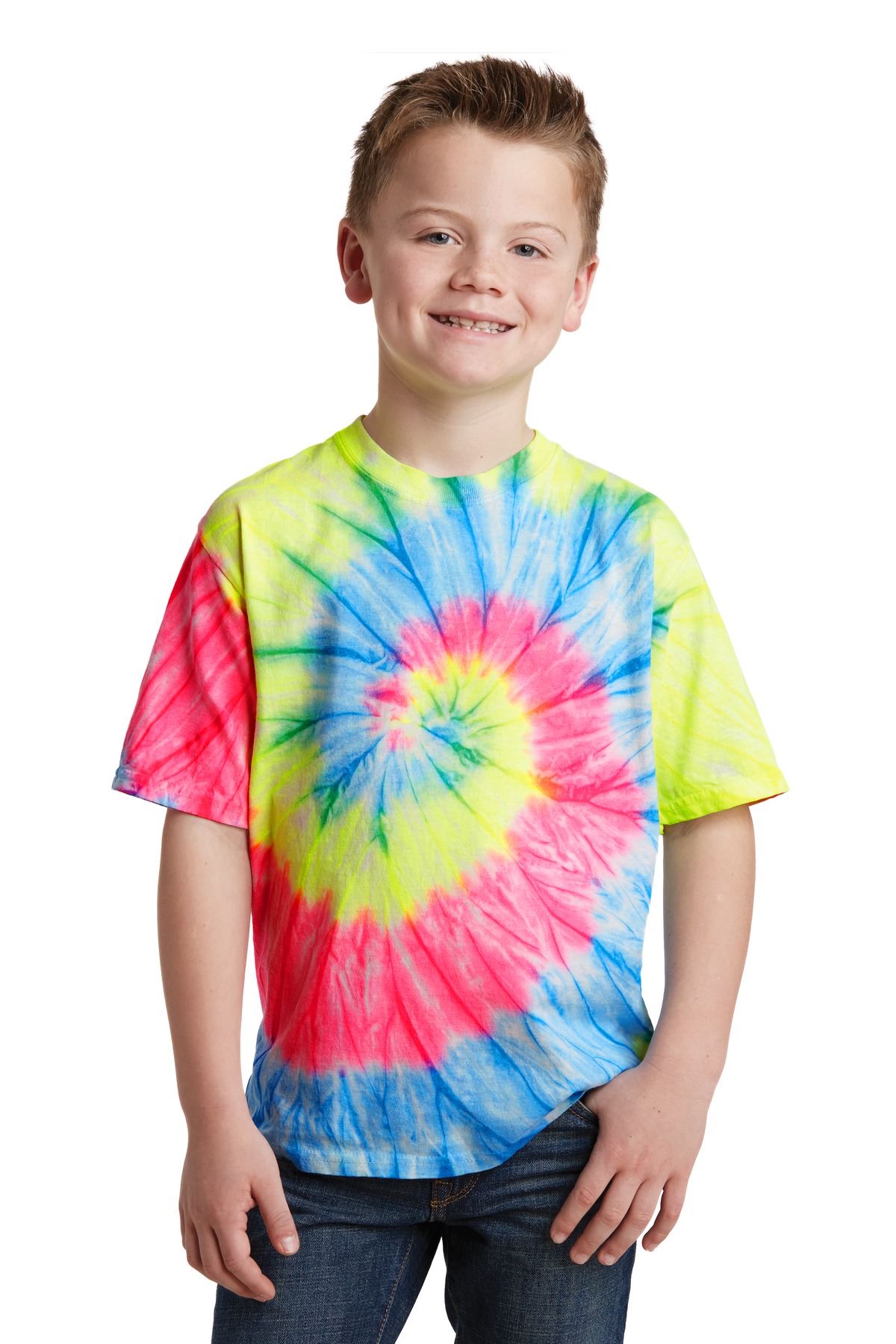 Port & Company PC147Y Youth Tie-Dye Top in Neon Rainbow size Small | Cotton