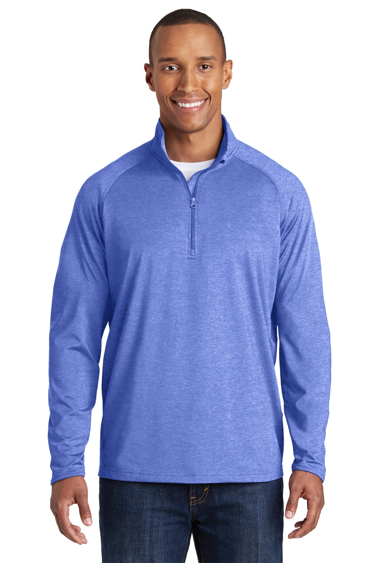 Sport-Tek ST850 Sport-Wick Stretch 1/4-Zip Pullover T-Shirt in True Royal Blue Heather size XS | Polyester/Spandex Blend