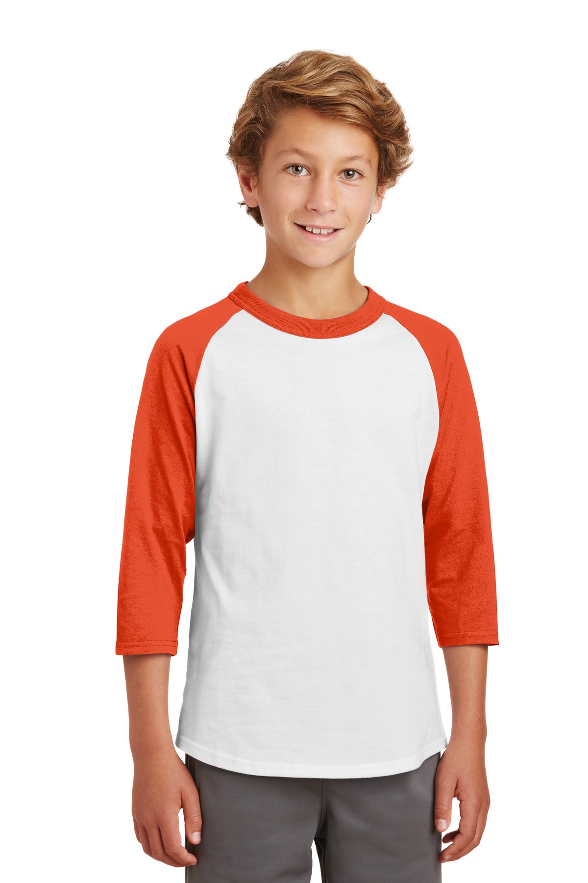 Sport-Tek YT200 Youth Colorblock Raglan Jersey T-Shirt in White/Deep Orange size XS | Cotton