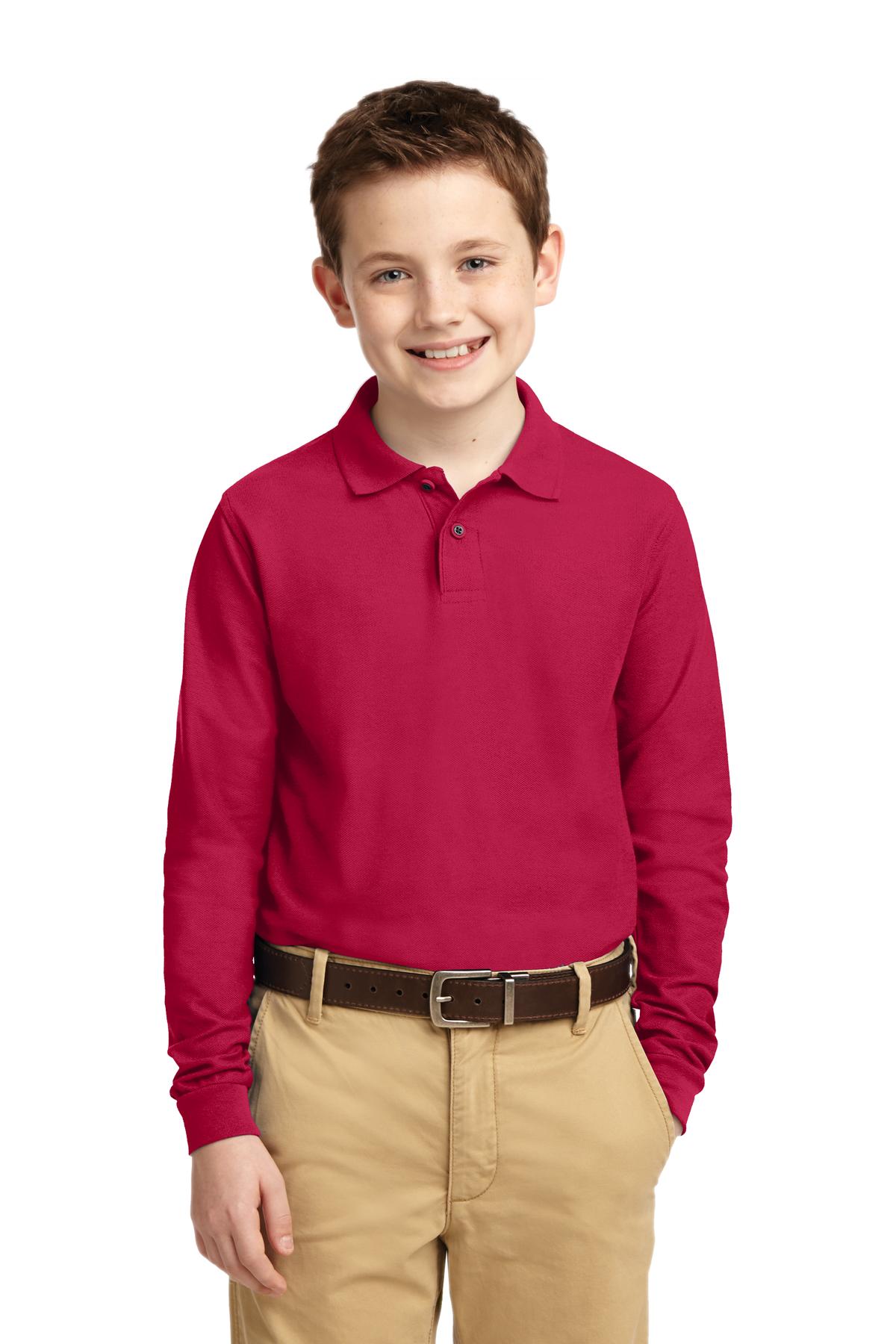 Port Authority Y500LS Youth Long Sleeve Silk Touch Polo Shirt in Red size Medium | Polyester Blend